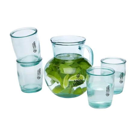 Carafe 2,3L et ses 4 verres 430ml Terazza en verre recyclé personnalisable Carafe 2,3L et ses 4 verres 430ml Terazza en verre recyclé personnalisable