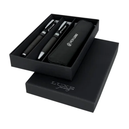 Parure de stylos personnalisé bille et roller avec étui Carbon Parure de stylos personnalisé bille et roller avec étui Carbon