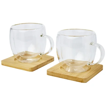 Set de 2 tasses en verre isotherme de 250 ml avec sous-verre en bambou