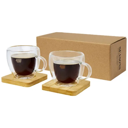 Set de 2 tasses à café personnalisable à double paroi de 100 ml avec sous-verre en bambou