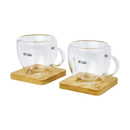 Set de 2 tasses à café personnalisable à double paroi de 100 ml avec sous-verre en bambou