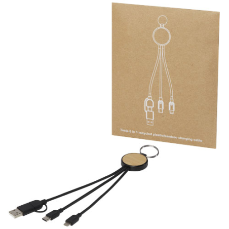 Câble de recharge publicitaire Tecta 6-en-1 en plastique recyclé/bambou avec porte-clés