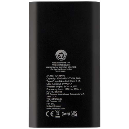 Batterie de secours personnalisé sans fil en aluminium recyclé Juice type-C de 4&nbsp;000&nbsp;mAh