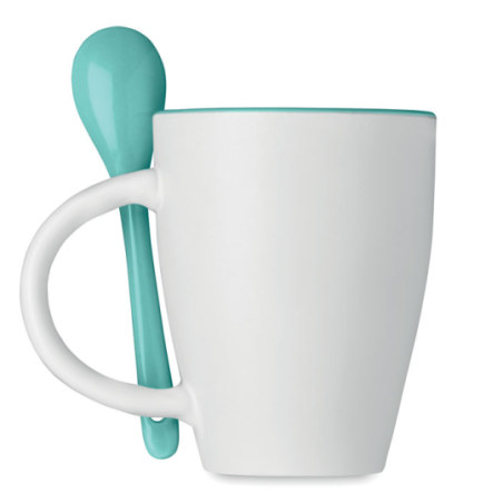 Mug publicitaire bicolore en céramique avec cuillère 250 ml Mug publicitaire bicolore en céramique avec cuillère 250 ml