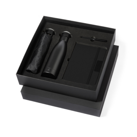 Coffret personnalisable avec bouteille isotherme à double paroi en acier inoxydable recyclé stylo bloc note et parapluie en RPET