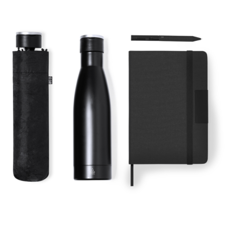 Coffret personnalisable avec bouteille isotherme à double paroi en acier inoxydable recyclé stylo bloc note et parapluie en RPET