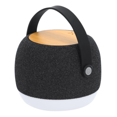 Enceinte publicitaire en polyester 300D RPET et bambou avec fonction chargeur 5w 1200 mAh Enceinte publicitaire en polyester 300D RPET et bambou avec fonction chargeur 5w 1200 mAh