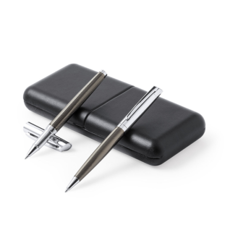 Set personnalisable stylo et roller avec étui en similicuir intérieur en antelin blanc - Encre bleue Set personnalisable stylo et roller avec étui en similicuir intérieur en antelin blanc - Encre bleue