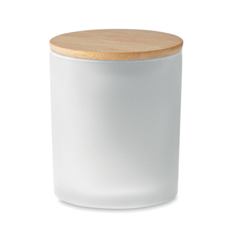 Bougie en cire végétale personnalisable 280 gr dans un pot en verre dépoli avec couvercle en bambou Bougie en cire végétale personnalisable 280 gr dans un pot en verre dépoli avec couvercle en bambou