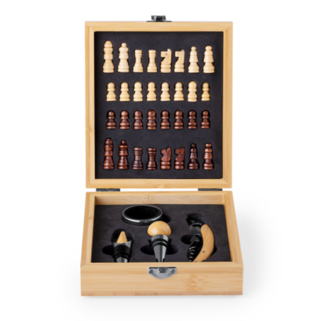 Coffret publicitaire pour le Vin en forme de jeu d'échec en bambou avec accessoires en inox Paluk