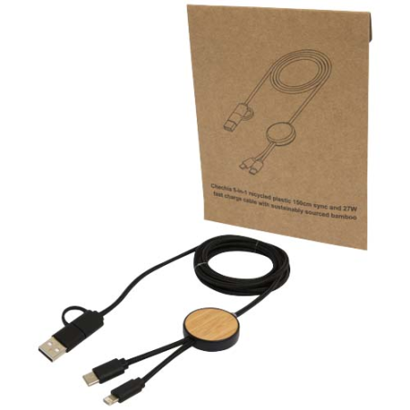 Câble 5 en 1 Chechia en plastique recyclé de 150&nbsp;cm pour la synchronisation des données et la charge rapide de 27&nbsp;W avec détails