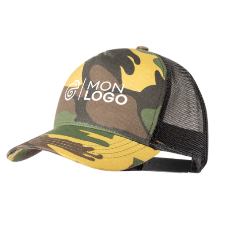 Casquette Trucker personnalisable en RPET avec camouflage ou kaki - Pamper Casquette Trucker personnalisable en RPET avec camouflage ou kaki - Pamper
