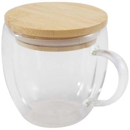Tasse publicitaire en verre de avec couvercle en bambou 250 ml