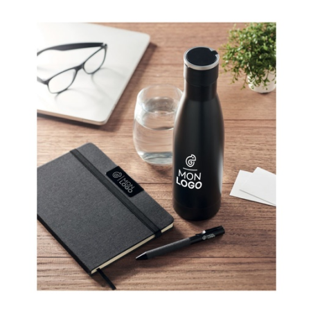 Coffret cadeau personnalisé de luxe 3 pièces avec un carnet A5 en RPET, stylo à bille twist et bouteille en acier inox à double 