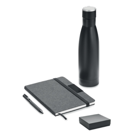 Coffret cadeau personnalisé de luxe 3 pièces avec un carnet A5 en RPET, stylo à bille twist et bouteille en acier inox à double 