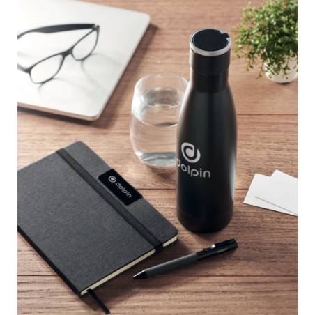 Coffret cadeau personnalisé de luxe 3 pièces avec un carnet A5 en RPET, stylo à bille twist et bouteille en acier inox à double 