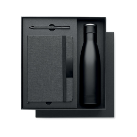 Coffret cadeau personnalisé de luxe 3 pièces avec un carnet A5 en RPET, stylo à bille twist et bouteille en acier inox à double 