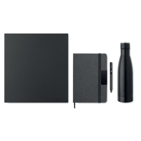 Coffret cadeau personnalisé de luxe 3 pièces avec un carnet A5 en RPET, stylo à bille twist et bouteille en acier inox à double 