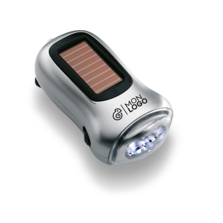 Lampe torche personnalisable solaire et à dynamo en ABS satiné argent Lampe torche personnalisable solaire et à dynamo en ABS satiné argent