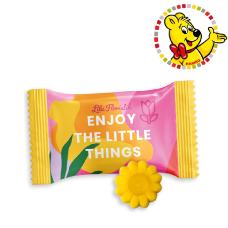 Sachet de bonbon personnalisable Fleurs Haribo® (par lot de 100 sachets) 1 pièce 7g Sachet de bonbon personnalisable Fleurs Haribo® (par lot de 100 sachets) 1 pièce 7g