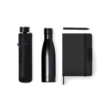 Coffret personnalisable avec bouteille isotherme à double paroi en acier inoxydable recyclé stylo bloc note et parapluie en RPET Coffret personnalisable avec bouteille isotherme à double paroi en acier inoxydable recyclé stylo bloc note et parapluie en RPET