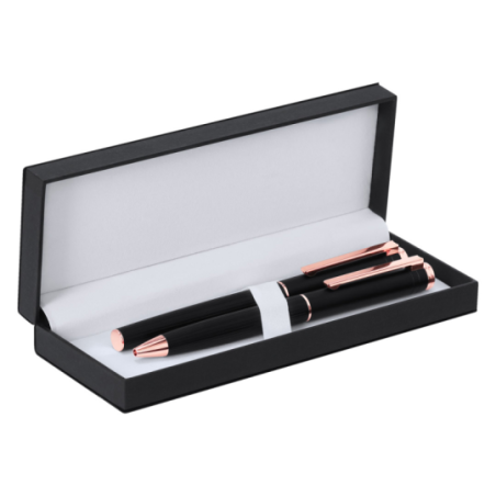 Parure personnalisable stylo bille et roller en aluminium noir mat et rose gold - Encre bleue Parure personnalisable stylo bille et roller en aluminium noir mat et rose gold - Encre bleue