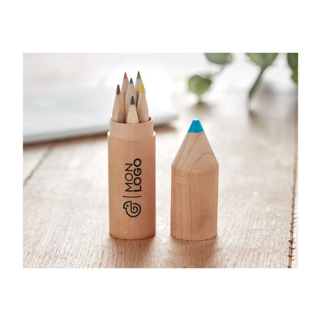 Étui publicitaire en bois avec 6 crayons de couleurs Étui publicitaire en bois avec 6 crayons de couleurs