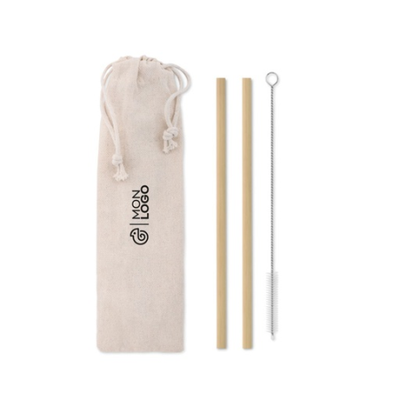 Pailles personnalisable en bambou avec brosse en acier inoxydable et nylon dans une pochette en coton