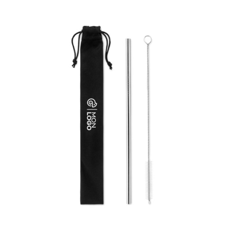 Paille personnalisable en acier inoxydable avec brossette de nettoyage et pochette en microfibre