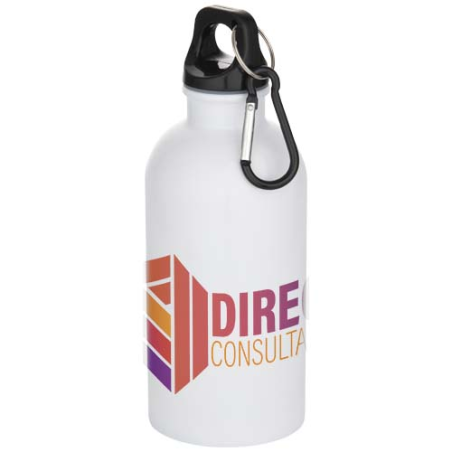 Gourde publicitaire Oregon de 400&nbsp;ml en acier inoxydable recyclé à simple paroi certifié RCS avec mousqueton (impression par sub