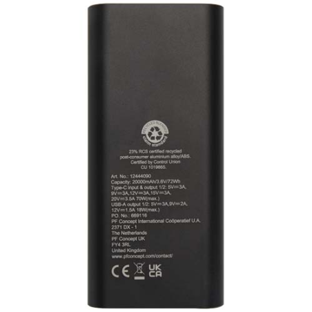 Batterie de secours Acamar de 20&nbsp;000&nbsp;mAh et 70&nbsp;W en aluminium recyclé pour ordinateur portable