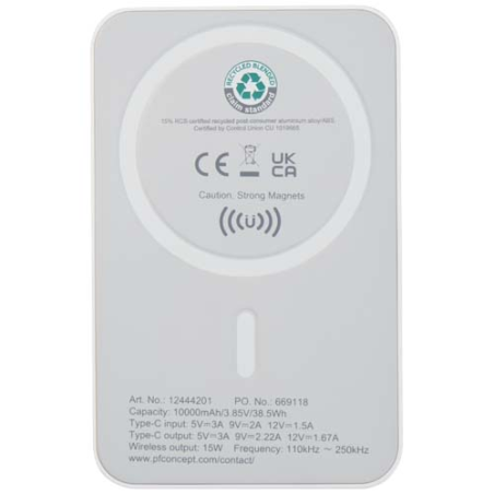 Batterie de secours personnalisable Acrab magnétique sans fil de 10&nbsp;000&nbsp;mAh et 15&nbsp;W avec PD de 20&nbsp;W - fabriquée en plastique rec