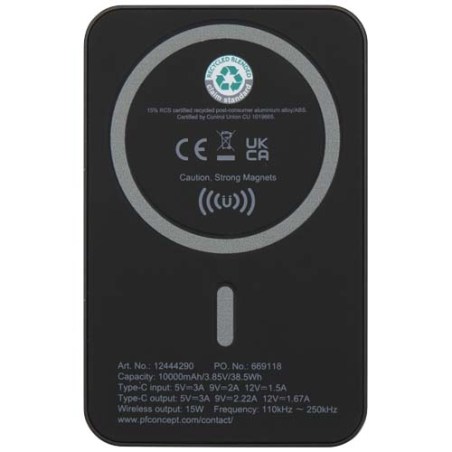 Batterie de secours personnalisable Acrab magnétique sans fil de 10&nbsp;000&nbsp;mAh et 15&nbsp;W avec PD de 20&nbsp;W - fabriquée en plastique rec