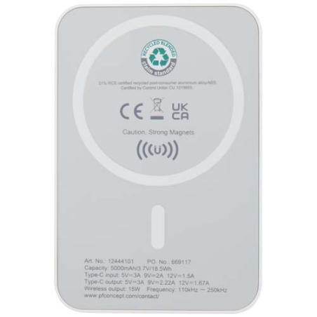 Batterie de secours personnalisée Acrab magnétique sans fil de 5&nbsp;000&nbsp;mAh et 15&nbsp;W avec PD de 20&nbsp;W - fabriquée en plastique recycl