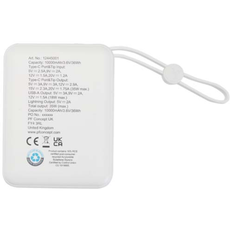 Batterie externe personnalisable Acrux de 10&nbsp;000&nbsp;mAh et&nbsp;35&nbsp;W pour tablette avec câble Type-C intégré - fabriquée en plastique re