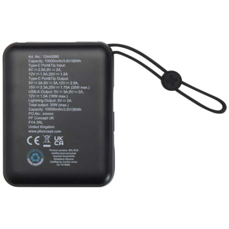 Batterie externe personnalisable Acrux de 10&nbsp;000&nbsp;mAh et&nbsp;35&nbsp;W pour tablette avec câble Type-C intégré - fabriquée en plastique re