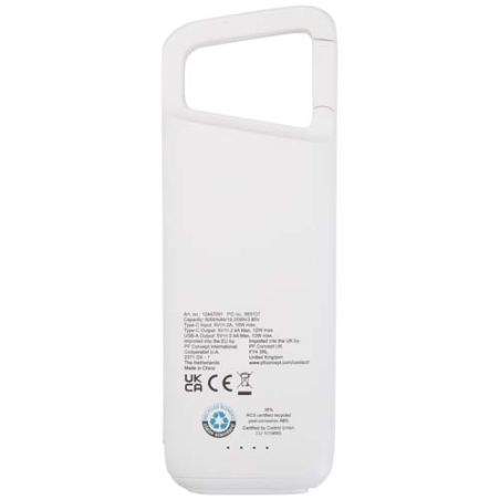 Batterie externe personnalisée Alkes de 5&nbsp;000 mAh et 12&nbsp;W en plastique recyclé résistante à l’eau avec mousqueton
