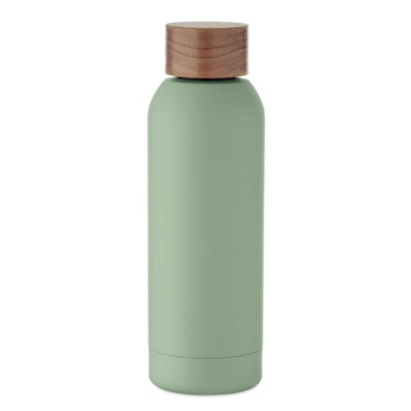 Bouteille publicitaire simple paroi en acier inoxydable recyclé avec finition en caoutchouc et couvercle en bois d'acacia 700 m