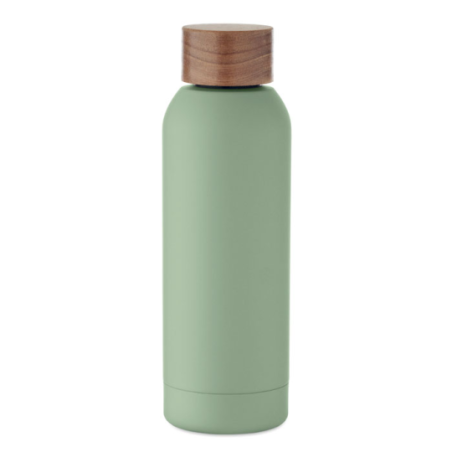 Bouteille publicitaire simple paroi en acier inoxydable recyclé avec finition en caoutchouc et couvercle en bois d'acacia 700 m