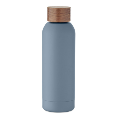 Bouteille publicitaire simple paroi en acier inoxydable recyclé avec finition en caoutchouc et couvercle en bois d'acacia 700 m