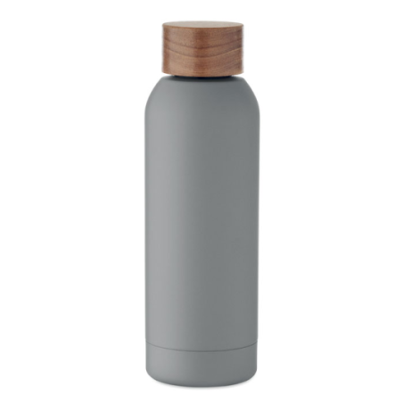 Bouteille publicitaire simple paroi en acier inoxydable recyclé avec finition en caoutchouc et couvercle en bois d'acacia 700 m