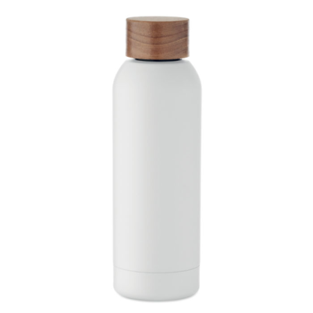 Bouteille publicitaire simple paroi en acier inoxydable recyclé avec finition en caoutchouc et couvercle en bois d'acacia 700 m