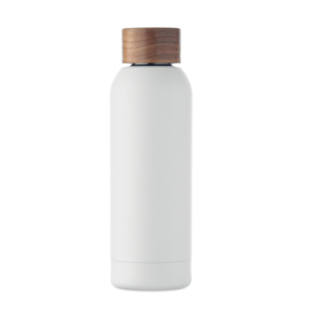 Bouteille publicitaire simple paroi en acier inoxydable recyclé avec finition en caoutchouc et couvercle en bois d'acacia 700 m