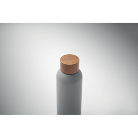 Bouteille publicitaire simple paroi en acier inoxydable recyclé avec finition en caoutchouc et couvercle en bois d'acacia 700 m