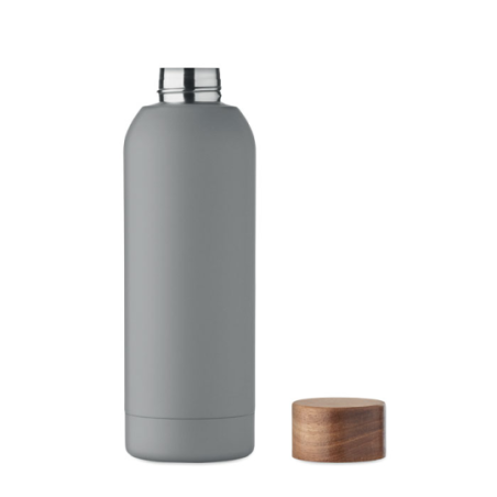 Bouteille publicitaire simple paroi en acier inoxydable recyclé avec finition en caoutchouc et couvercle en bois d'acacia 700 m