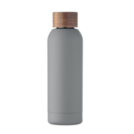 Bouteille publicitaire simple paroi en acier inoxydable recyclé avec finition en caoutchouc et couvercle en bois d'acacia 700 m