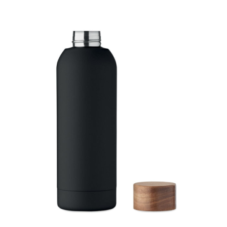 Bouteille publicitaire simple paroi en acier inoxydable recyclé avec finition en caoutchouc et couvercle en bois d'acacia 700 m