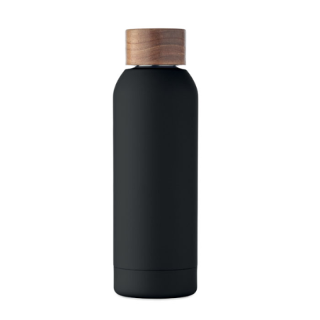 Bouteille publicitaire simple paroi en acier inoxydable recyclé avec finition en caoutchouc et couvercle en bois d'acacia 700 m