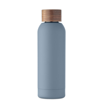 Bouteille publicitaire simple paroi en acier inoxydable recyclé avec finition en caoutchouc et couvercle en bois d'acacia 700 m