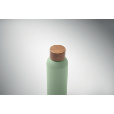 Bouteille publicitaire simple paroi en acier inoxydable recyclé avec finition en caoutchouc et couvercle en bois d'acacia 700 m